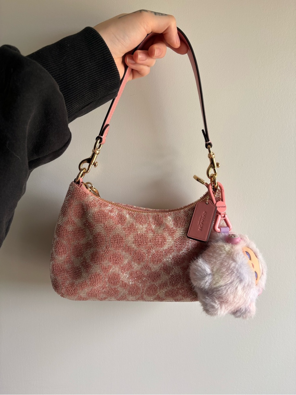 Coach Pink beaded Patterned Shoulder Bag with Pom Charm